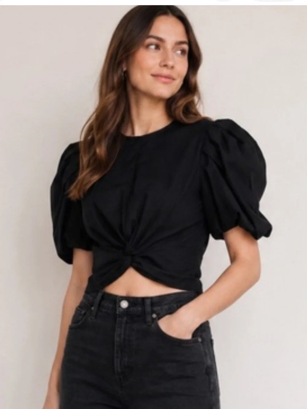 Vince Twist Knot Puff Sleeve Blouse Black Cropped Top XS $295